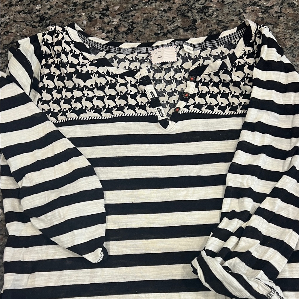 Anthropologie  Postmark Bunny Black and White Striped Henley with Patterned Yoke
